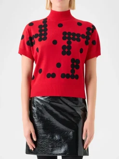 Akris Punto Dot Grid Jacquard Knit Sweater in Vermillion/Black