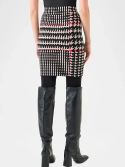 Akris Punto Fitted Wool-Blend Plaid Jacquard Skirt in Black/Cream/Vermillion