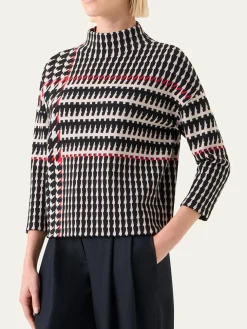 Akris Punto Mock Neck Plaid Sweater in Black/Cream/Vermillion
