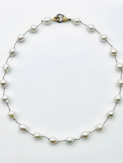 JMNYC Designs Small White Baroque Pearl Necklace With Two Tone Vermeil & Sterling Diamond Clasp 18"