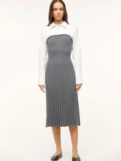 STAUD O'Keefe Pleated Dress in Charcoal/White
