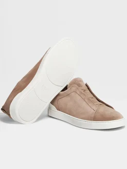 Zegna Beige Suede Triple Stitch Low Top Sneaker