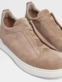 Zegna Beige Suede Triple Stitch Low Top Sneaker